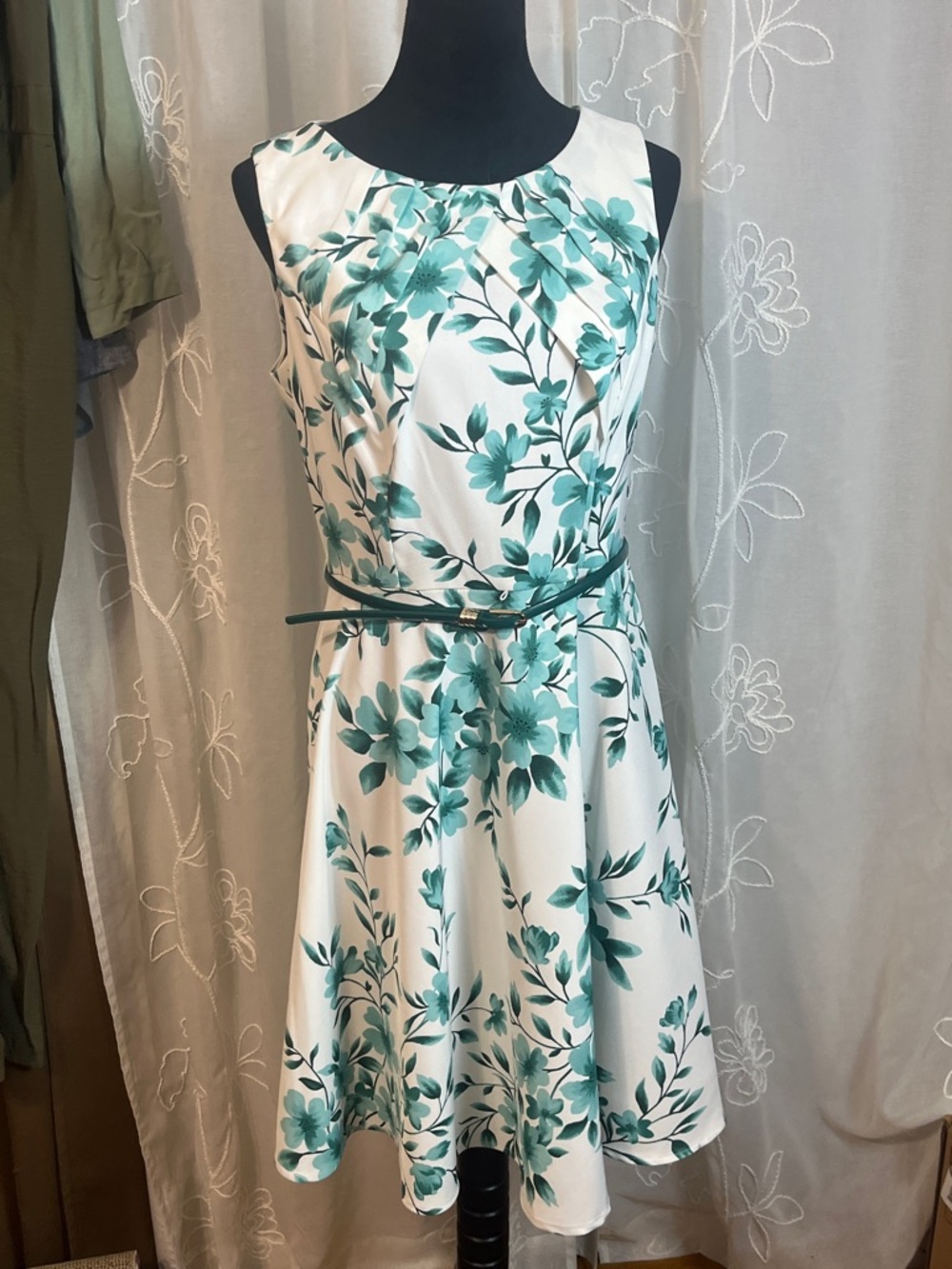 Sleeveless Floral Midi Dress in Teal and White
